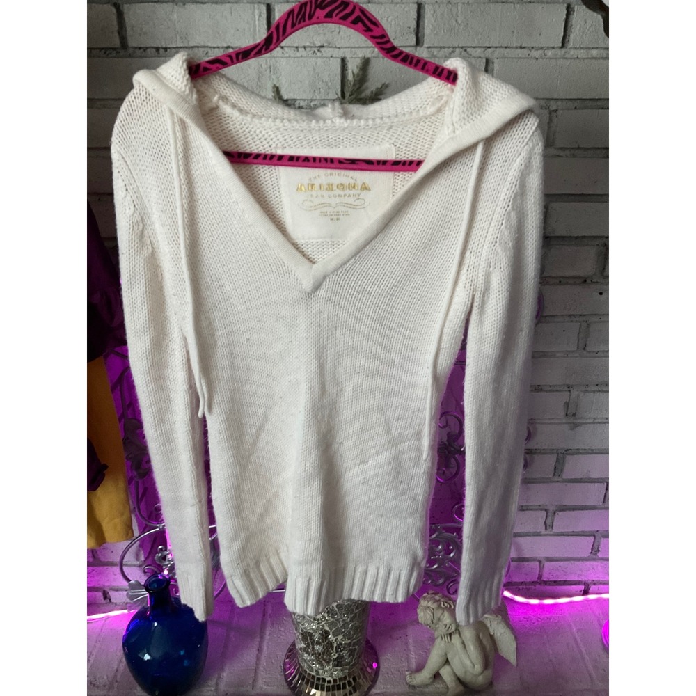 Arizona Jean Company White Knit Sweater Hoodie V-Neck Long Sleeve Medium
